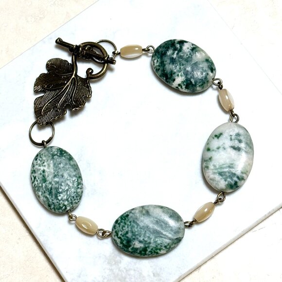 2/$20, Genuine Tree Agate Bracelet, Natural Green Gemstone & Bronze Grape Leaf - Picture 1 of 13